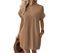 2025 Women's Casual Short Sleeve T Shirt Dress Basic Dresses with Pockets, Women's Summer Crew Neck Baggy House Dress (Khaki,S)