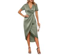 2025 Women's Summer Spring Short Sleeve Dress V-Neck Casual Cocktail Party Solid Colors Irregular Split Hem Dress