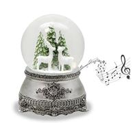 20253 - Boule à neige magique des chalets - 2 cerfs blancs devant sapin - Socle décoratif en étain - Avec boîte à musique - Boule à secouer - Décoration de Noël - Largeur : 10 cm - Hauteur : 14 cm