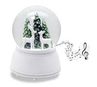 20254 - Boule à neige magique des chalets 2 cerfs blancs devant sapin - Socle blanc nostalgique - Avec boîte à musique - Boule à secouer - Décoration de Noël - Largeur : 10 cm - Hauteur : 13 cm