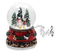 20259 Boule à neige Bonhomme de neige enfant debout sur traîneau | Socle de Noël guirlande de sapin rouge | avec boîte à musique | Boule à secouer décoration de Noël | Largeur : 10 cm Hauteur : 14 cm