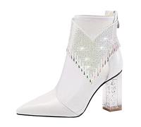 2026 Adolescentes Filles Pointu Strass Pompon Talon Haut Talon Stilettos Chaton Cuir Respirant Soirée Bal Soirée Fête Dames Escarpin Escarpin Invité Mariage, blanc, 37.5 EU