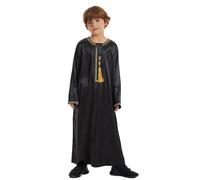 2026 Aïd Ramadan Abaya Modeste Arabe Thobe Musulman Manches Longues Caftan Crew Robe National Costume Adolescent Garçons Brodé Ensemble Arabe Vêtements pour Enfants, Noir , 13-14 ans