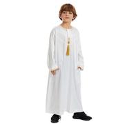 2026 Aïd Ramadan Abaya Modeste Arabe Thobe Musulman Manches Longues Caftan Crew Robe National Costume Adolescent Garçons Brodé Ensemble Arabe Vêtements pour Enfants, blanc, 13-14 ans