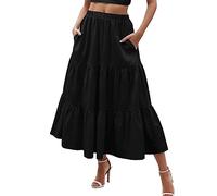 2026 Balançoire élastique avec poches pour femme Style bohème Été Ligne A Plage Plissée Robe fluide Jupe longue Taille Jupe, Noir , XL