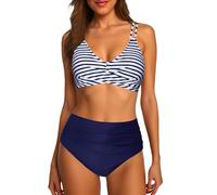 2026 Bikini Femme Ensemble Bikini Haut Push Up Deux Pièces Maillot de Bain Deux Pièces Volant Haut Imprimé Bikini Set, bleu, M