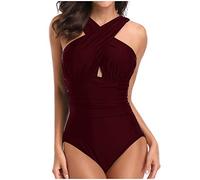 2026 Bikini Imprimé Solid Piece One Femme Maillot de Bain Push Up Swimwears Tankinis Set, Bordeaux, L