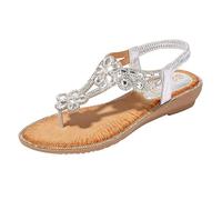 2026 Bohemia Chaussures décontractées Sandales à fleurs d'été pour femme en cristal Sandales plates pour femme Sandales plates pour femme bling plage Plateforme Sandales pour femme Rouge, argenté, 37
