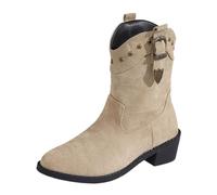 2026 Bottines pour femme en daim de cowboy mi-haut Western pointu à talon bas perforé Longueur Chaussures longues, beige, 36.5 EU