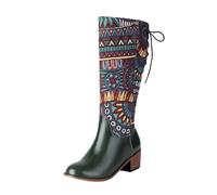 2026 Bottines pour femme Europe et Amérique Commerce extérieur Automne Hiver Femmes Bohème Couleur contrastée Talon épais Haut Western Mid, Vert, 38 EU