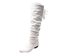 2026 Bottines pour femmes mode couleur unie en cuir tourbé nœud papillon talon épais long, blanc, 38 EU