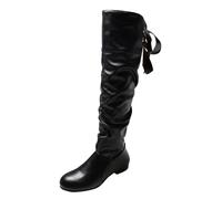 2026 Bottines pour femmes mode couleur unie en cuir tourbé nœud papillon talon épais long, Noir , 39 EU