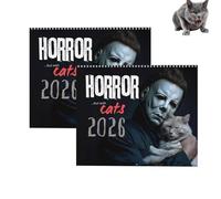 2026 Calendrier mural Halloween Horror Movie & Cats, Calendrier du chat du thème de la peur, Spooky Cat Art différentes illustrations, 12 mur de planificateur mensuel, Spiral Bound (2pcs)