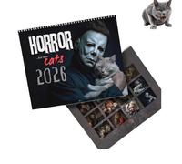 2026 Calendrier mural Halloween Horror Movie & Cats, Calendrier du chat du thème de la peur, Spooky Cat Art différentes illustrations, 12 mur de planificateur mensuel, Spiral Bound (1pc)