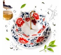 2026 Ceramic Umbrella Tea Infuser, Blue & White Porcelain Tea Strainer with Rotating Umbrella Design & Drip Base, Cute Umbrella Tea Diffuser for Loose Leaf Tea, Kung Fu Brewing & Coffee (Red)