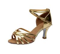 2026 Chaussures de danse latine en satin à bout ouvert pour la pratique et la performance de la danse de salon avec semelle en daim (Or, 16,5 cm)