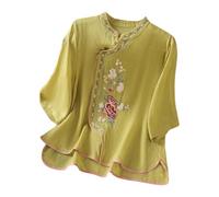 2026 Chemise d'été en lin pour femme style rétro ethnique avec broderie de style national et boucle, robe de thé, col montant, pull à manches trois-quarts, jaune, 4XL