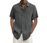 2026 - Chemise d'été hawaïenne unie à manches courtes et double poche, col rabattu, chemise boutonnée pour homme, tendance bleu, gris foncé, XL