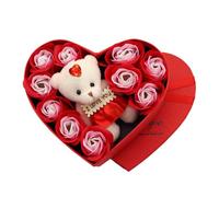 2026 Coffret cadeau de luxe avec roses artificielles, 10 roses et ours en peluche mignon, cadeau d'anniversaire, cadeau de Saint-Valentin (B, 17 x 15,5 x 4 cm)