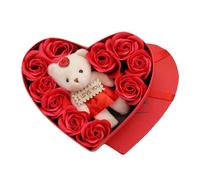 2026 Coffret cadeau luxueux avec roses artificielles, 10 roses et ours en peluche mignon, cadeau d'anniversaire, cadeau de Saint-Valentin (A, 17 x 15,5 x 4 cm)