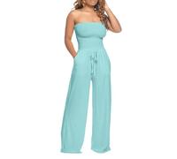 2026 - Combinaison pour femme avec dentelle à volants fixe, sans manches, à lacets, longueur moyenne, pantalon droit, pyjama femme hiver douillet, bleu, XXL