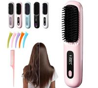 2026 Cordless Ceramic Heated Hair Straightening Comb, 20cm Go Brush Pro Straightening Brush with Temperature Display, Portable Wireless Hair Straighten, 3 Heat Settings&LED Screen for Travel (Pink)