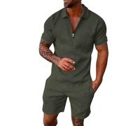 2026 - Costume décontracté à rayures pour homme avec fermeture éclair et manches courtes, haut, chemisier, costume avec cordon de serrage et poche, ensemble court spaghetti western, Vert armée., XL