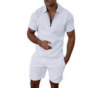 2026 - Costume décontracté à rayures pour homme avec fermeture éclair et manches courtes, haut, chemisier, costume avec cordon de serrage et poche, ensemble court spaghetti western, Blanc., L