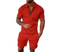 2026 - Costume rayé décontracté pour homme avec fermeture éclair et manches courtes, haut, chemisier, costume avec cordon de serrage et poche, ensemble court spaghetti western, rouge, 6XL