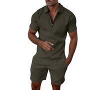 2026 - Costume rayé décontracté pour homme avec fermeture éclair et manches courtes, haut, chemisier, costume avec cordon de serrage et poche, ensemble court spaghetti western, gris foncé, XXL
