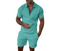 2026 - Costume rayé décontracté pour homme avec fermeture éclair et manches courtes, haut, chemisier, costume avec cordon de serrage et poche, ensemble court spaghetti western, Vert menthe., 4XL