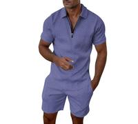 2026 - Costume rayé décontracté pour homme avec fermeture éclair et manches courtes, haut, chemisier, costume avec cordon de serrage et poche, ensemble court spaghetti western, Violet clair, 3XL