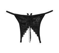2026 Culotte pour femme avec ouverture en dentelle séduisante Perles transparentes pour massage dans un design de couleur pure, Noir , M