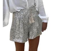 2026 Damen-Sommer-Pailletten-Shorts mit hoher Taille, lässig, lockere A-Linie, Hotpants, glitzernde Clubwear-Nacht-Out-Shorts (Silver, M)