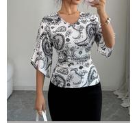 2026 Dernier T-shirt décontracté élégant pour femmes avec imprimé cachemire, col en V et manches chauve-souris. Convient pour le port quotidien, la plage, les vacances et les déplacements L,M,S,XLImpr