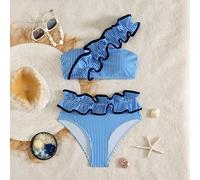 2026 Dernière Mode Vêtements de Plage Sexy Élégant Imprimé Rayé Bleu Imprimé Rayé Oversize Design Vague Pièce Unique Bandeau Bikini Ensemble Maillot de Bain Femme L,M,S,XLGéométriqueÉtoffe