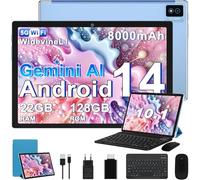 2026 Dernière Tablette 10 Pouces Android 14, 22Go RAM + 128Go ROM(TF 2To), Avec 5G WiFi Octa-Core 2.0GHz, 8000mAh, GPS, Gemini AI tablette, Widevine L1, Tablette Tactile avec Clavier+Souris (Bleu )