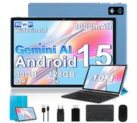 2026 Dernière Tablette 10 Pouces Android 15, 30Go RAM + 128Go ROM(TF 2To), Avec 5G WiFi Octa-Core 2.0GHz, 8000mAh, GPS, Gemini AI tablette, Widevine L1, Tablette Tactile avec Clavier+Souris（Bleu ）