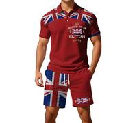 2026 - Drapeau britannique européen - Chemise à manches courtes avec boutons - Short pour homme - Décontracté - Confortable - Pour la rue, le travail - Gilet deux pièces d'agent, rouge, XXL