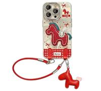 2026 Embroidered Pony Lanyard New Year Phone Case for iPhone 17/16/15/14/13/12 Plus Pro Max Series, Year of The Horse Cute Horse Red Phone Case with Lanyard, Anti-Drop (16 PRO,Silver + Lanyard)