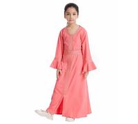 2026 Enfants Filles Manches Longues Caftan Maxi Vêtements de prière Robes Musulmanes Abaya, Rouge pastèque, 3-4 ans