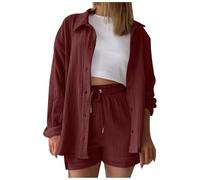 2026 Ensemble 2 Pièces Longues Pour Femme - Chemise Deux Pièces Oversized Décontracté Taille Haute Pour Avec Revers En Tissu Froissé Short De Beach Oversized Casual Tops Shirts S-XXL Brick Rouge L