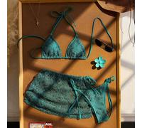 2026 Ensemble de 3 pièces de maillot de bain pour femmes, bikini triangle avec Top à encolure ras-du-cou et dos à lacets en tissu texturé crocheté, élégant, sexy et rétro, assorti à une mini-jupe vola