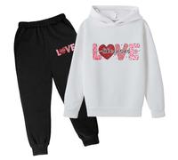 2026 Ensemble de chandail à capuche pour enfants d'automne et d'hiver pour la Saint-Valentin, imprimé sur les sous-vêtements décontractés et mignons à manches longues, rose, 9-10 ans