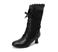 2026 Européen et Amérique Commerce Extérieur Automne Hiver Lolita Bottes Femme Dentelle Nœud Feuille Talon moyen Jambe, Noir , 39 EU