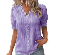 2026 - Femme Dentelle d'été avec Col en V Dentelle Simple Chemise Élégante Mode Couleur Unie Élégant Blouse Manches Courtes Confortable Doux T-Shirt Blouse Femme avec Fermeture Éclair, lilas, S