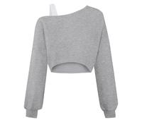 2026 Filles Off The Shoulder Sweatshirt Asymétrique Manches Longues Mignon Crop Top Tee Casual Streetwear, gris, 11-12 ans