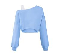 2026 Filles Off The Shoulder Sweatshirt Asymétrique Manches Longues Mignon Crop Top Tee Casual Streetwear, bleu, 9-10 ans