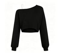 2026 Filles Off The Shoulder Sweatshirt Asymétrique Manches Longues Mignon Crop Top Tee Casual Streetwear, Noir , 11-12 ans