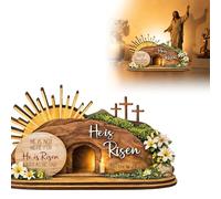 2026 Grande figurine de Pâques creuse en bois avec motif de Pâques Scène de résurrection Convient pour la décoration ou comme décoration de table (beige, 15 x 12 cm)